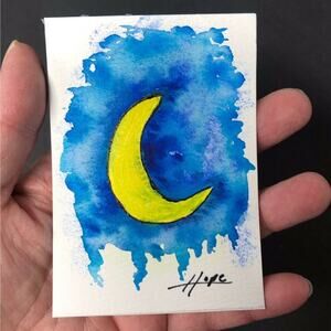 Original ACEO Miniature Watercolor Painting Night Sky Moon illustration by Hope